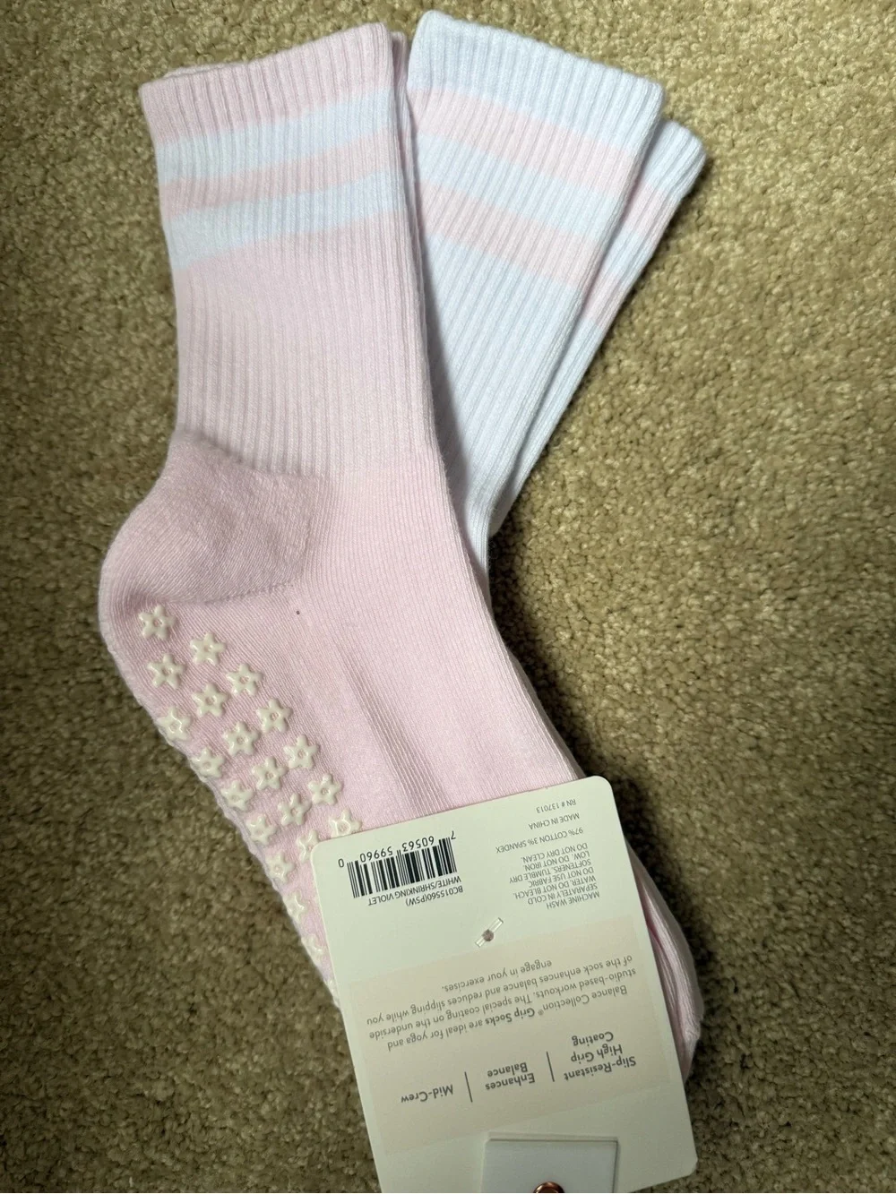 Balance Collection Women's Non-Slip Crew Socks - Light Pink & White